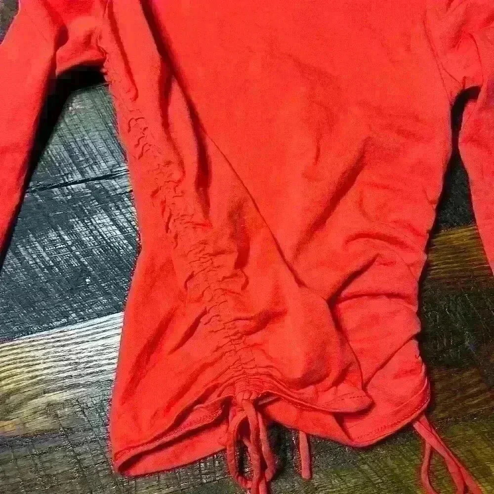 ADIKA Super Tight Red Ruched Toggle Side Long Sleeve Top Women XS